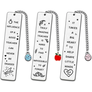 Set of 3 silver stainless steel bookmarks with colored pendants and teacher gifts text