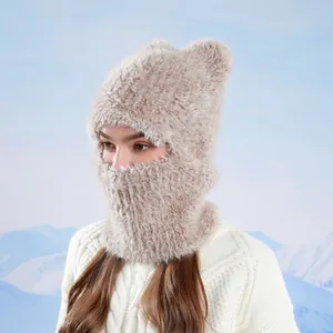 Knitted cat ear balaclava hat with plush fleece neck warmer for outdoor winter skiing