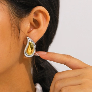 Minimalist summer beach teardrop stud earring in silver and gold two-tone finish