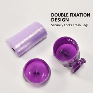 Purple pet waste bag dispenser set with secure lock design and rolls for dog cleaning