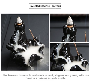 Detailed view of black ceramic incense burner with flowing smoke and zen aesthetic