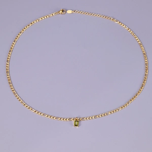 Golden Figaro chain necklace with a rectangular olive green crystal pendant for women