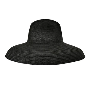 Détail du tissage serré d'un chapeau de paille noir à larges bords pour le soleil