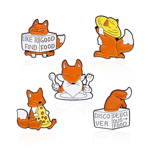 5-piece set of cute cartoon fox enamel brooches featuring various food and dining scenes