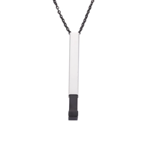 Minimalist silver titanium steel telescoping bar necklace with black pendant on white background