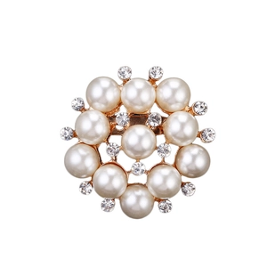 Elegant gold round brooch with white pearls and sparkling crystal rhinestones for women