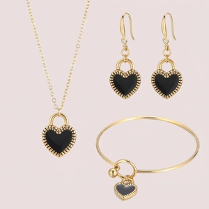 Heart Lock Pendant Necklace Stud Earrings And Bangle Stainless Steel Enamel Plated Jewelry For Women Trendy