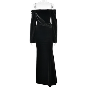 Elegant black velvet off-shoulder long-sleeve evening gown with side ruffles and slim fit