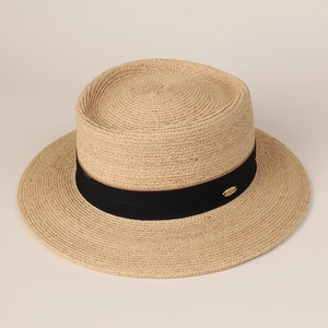 Classic straw boater hat for men featuring black ribbon and gold brand metal buckle