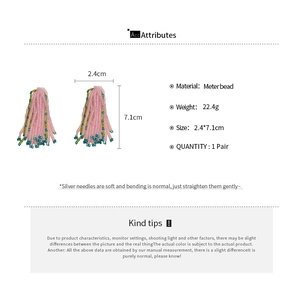 Detailed size specifications for handmade pink seed bead tassel earrings with silver pins
