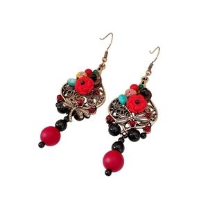 Vintage style drop earrings with dragonfly charms, resin beads and floral accents