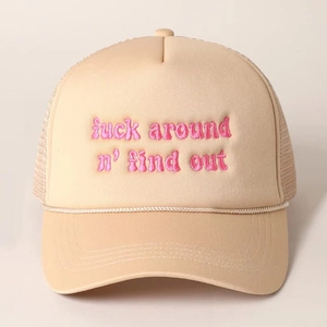 Beige trucker hat with pink embroidery and breathable mesh back for casual streetwear