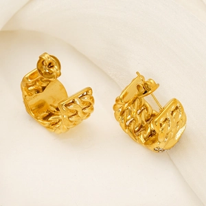 18k gold plated stainless steel C-shaped chain link earrings with sparkling zircons