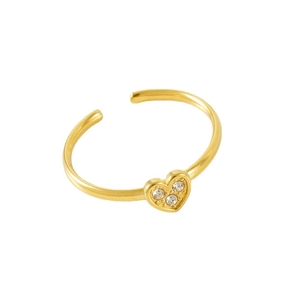 Adjustable golden heart open ring with three sparkling zircons on white background