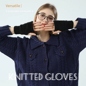 Women's black knitted fingerless gloves with plush lining for autumn and winter warmth