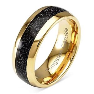 Polished tungsten carbide ring with black starry inlay and gold finish for men and women