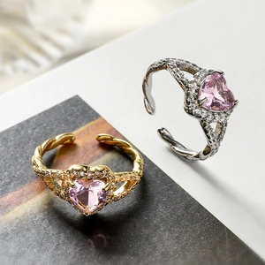 Heart Pink Zircon Ring Copper 18K Gold Plated Micro Pave Adjustable Open Band Elegant Fashion Jewelry For Women