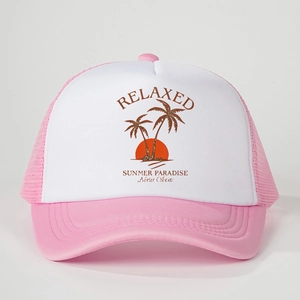 Close-up of pink and white trucker hat featuring Relaxed Sunset Paradise print and mesh back