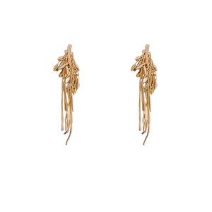Golden wheat ear tassel drop earrings with long metal chains on a white background