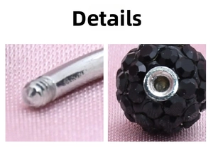 Close-up detail of belly button ring screw thread and black crystal paved clay ball