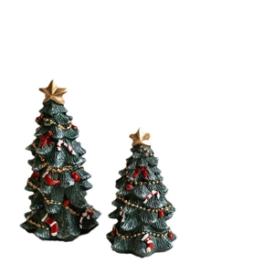 Miniature resin Christmas tree tabletop ornaments with red bows and gold stars set