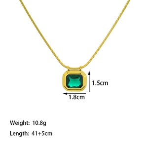Gold stainless steel snake chain with green cubic zirconia square pendant and dimensions