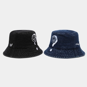Washed Denim Cotton Bucket Hat With Spiral Embroidery Streetwear Retro Wide Brim Casual Sun Protection Unisex