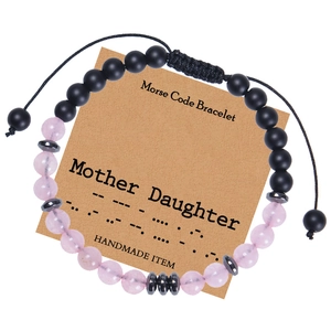 Morse Code Bracelets Rose Quartz Blue Tiger Eye Black Matte Stone Hematite Handmade Adjustable Gift For Mother And Daughter
