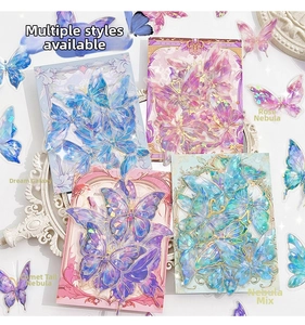Macro view of colorful 3D laser butterfly PET stickers with golden foil edges for DIY crafts
