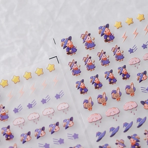 Embossed magic rabbit nail art stickers with cute wizard motifs and metallic stars