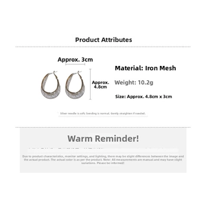Detail view of silver mesh hoop earrings with size 4.8cm x 3cm and 10.2g weight specs
