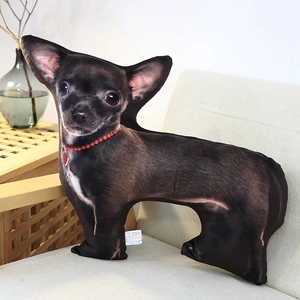 Detailed view of 3D simulation Chihuahua plush pillow with red necklace on a gray sofa
