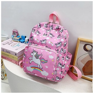 Detail of pink toddler backpack with unicorn and castle prints on high quality nylon