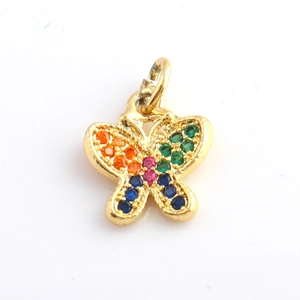 Detailed close-up of golden butterfly pendant with colorful zircon stones inlay