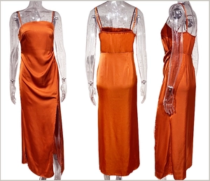 Detailed views of orange satin slip dress featuring high side slit and thin straps