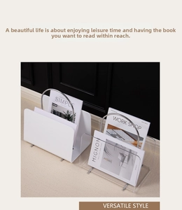 Macro detail of V-shaped acrylic magazine rack with sturdy metal handles for home storage