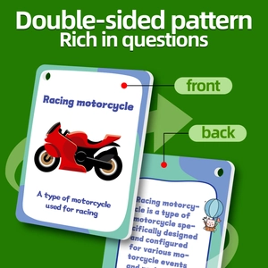 Detailed front and back view of English educational flashcards featuring racing motorcycles