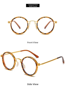 Detailed front and side view of vintage round leopard print frames with gold metal temples