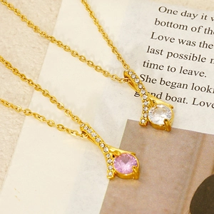 Elegant gold plated stainless steel necklace featuring pink and white zircon pendants