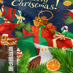 Detailed macro view of the Christmas tapestry fabric with gift prints and festive patterns