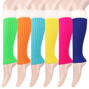Winter thermal knit leg warmers with white faux fur trim in six vibrant colors
