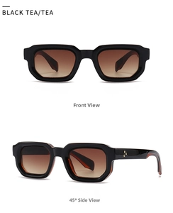 Detail of retro black square sunglasses with brown lenses and golden star rivets