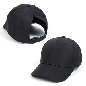 Front and back view of black ponytail baseball cap with adjustable high bun opening