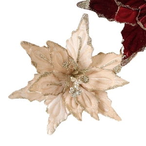 Champagne velvet poinsettia with gold glitter edges for Christmas tree decoration