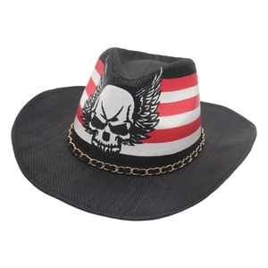 Western cowboy straw hat with skull print, red-white stripes and gold chain decor
