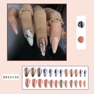 Long stiletto press-on nails set with nude pink, rose gold glitter, and marble patterns
