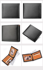 Detailed views of bifold carbon fiber wallet featuring card slots and a zipper coin pocket