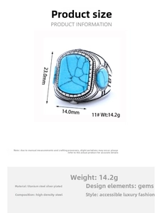 Detailed view of dimensions for men's stainless steel ring with three-sided turquoise stones