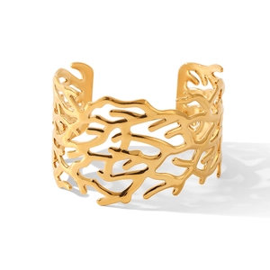 Elegant 18K gold plated stainless steel open bangle with coral branch cut-out design