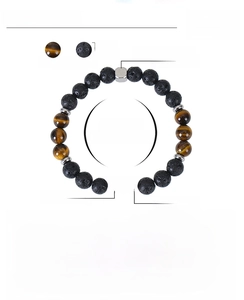 Detailed specs of tiger eye and lava stone 8mm beaded bracelet with custom laser engraving
